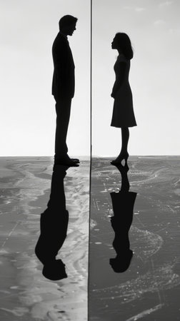 A man and woman are silhouetted against a white background. The man is wearing a suit and tie, while the woman is wearing a dress. Concept of separation and distance between the two peopleの素材