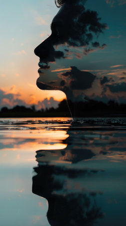A woman's face is reflected in the water, creating a beautiful and serene scene. Concept of calm and tranquility, as the woman's face seems to be floating on the water's surfaceの素材