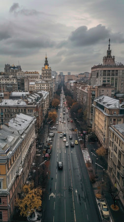 A city street with a large building in the background. The street is busy with cars and people walking. The sky is cloudy and the weather is coldの素材
