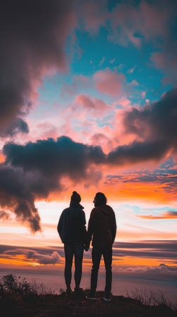 A couple standing on a hillside, holding hands, with a beautiful sunset in the background. Scene is romantic and peacefulの素材
