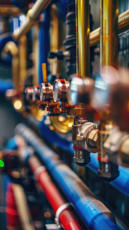 A close up of a pipe with many valves and gauges. Concept of complexity and precision, as the various valves and gauges are arranged in a way that suggests a well-organized systemの素材