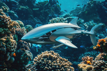 A robot shark is swimming in the ocean. The robot shark is silver and has a robotic appearance. The ocean is filled with colorful coral and fishの素材