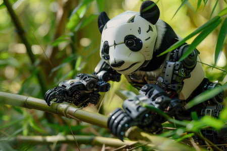 A robot panda is climbing a tree. The robot is made of metal and has a black and white color scheme. The robot has a robotic arm and is holding onto a branch. Scene is playful and whimsicalの素材