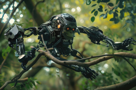 A robot monkey is hanging from a tree branch. The robot is made of metal and has a creepy, menacing look. The scene is set in a jungle, with lush green trees and foliage surrounding the robotの素材