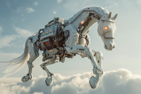 A robot horse is flying through the sky. The robot horse is white and has a metallic appearance. The sky is cloudy and the sun is shining through the cloudsの素材