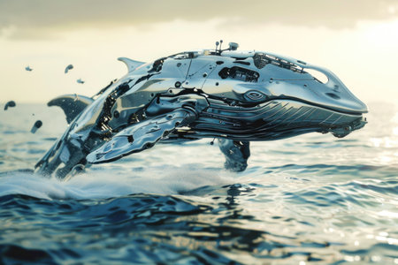 A silver whale is flying through the water. The whale is surrounded by a lot of debris, including a large pile of rocks. The scene is dark and moodyの素材