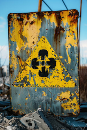 A rusted sign with a yellow background and black letters that say "Danger" in the middleの素材