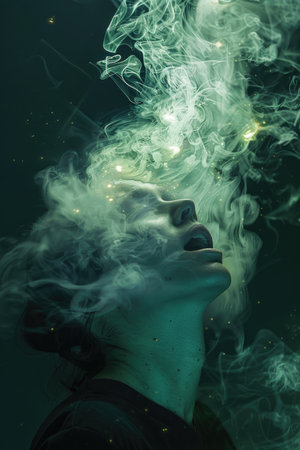A woman is smoking a cigarette and the smoke is coming out of her mouth. The image has a surreal and dreamlike quality to it, as if the woman is in a different world or dimensionの素材