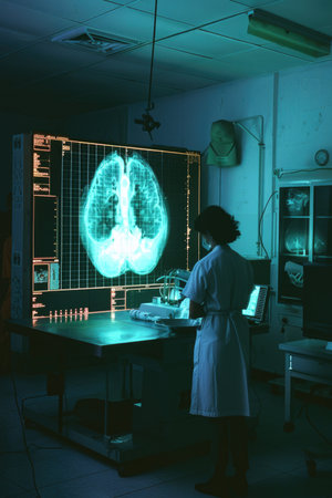 A woman in a white lab coat is standing in front of a computer monitor displaying a brain scan. The image has a futuristic and scientific feel to it, with the woman's lab coatの素材