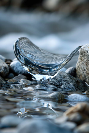 A glass object is sitting on a rock in a body of water. The water is calm and the glass object is reflecting the surrounding environmentの素材