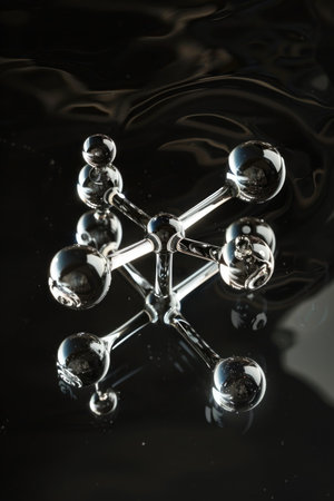 A silver object with a lot of small balls on it. The balls are all different sizes and are arranged in a way that looks like a molecule. The image has a scientific and artistic feel to itの素材