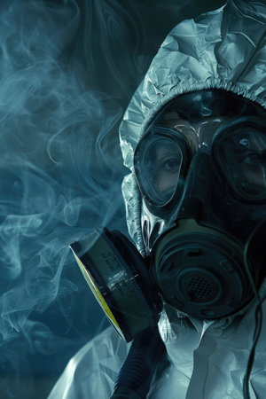 A person in a hazmat suit is wearing a gas mask and standing in front of a cloud of smokeの素材