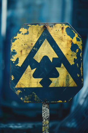 A sign with a triangle and a tree on it. The sign is yellow and black. It is old and rustedの素材