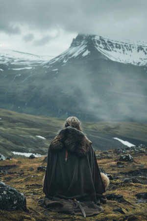 A man is sitting on a hillside wearing a fur coat and holding a sword. The scene is set in a snowy mountain range, with the man looking out over the landscape. Scene is serene and contemplativeの素材
