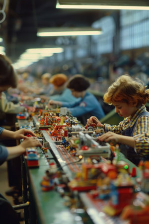 A group of people are working on a Lego train setの素材