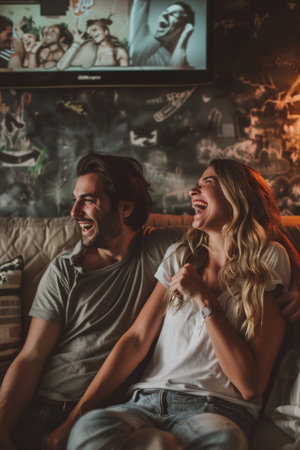 A man and woman are sitting on a couch and laughing. They are watching a movie on a televisionの素材