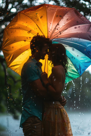 A couple is kissing under a rainbow umbrella. The umbrella is colorful and has a rainbow pattern. The couple is standing in the rain, and the water is falling on them. Scene is romantic and playfulの素材