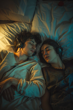 A man and a woman are sleeping in bed with headphones on. The man is wearing a white shirt and the woman is wearing a black shirtの素材