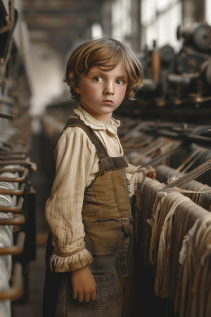 A young boy in a dirty outfit stands in front of a pile of clothes. He looks sad and lonelyの素材