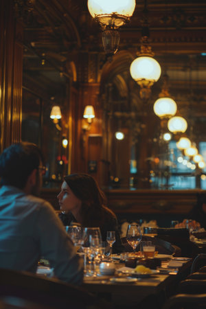 A man and woman are sitting at a table in a restaurant. The man is wearing a blue shirt and the woman is wearing a black dress. The table is set with wine glasses, cups, and plates of foodの素材