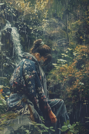 A woman is sitting on a rock in the rain, wearing a floral print robe. She is looking off into the distance, possibly lost in thought. The rain creates a peaceful and calming atmosphereの素材