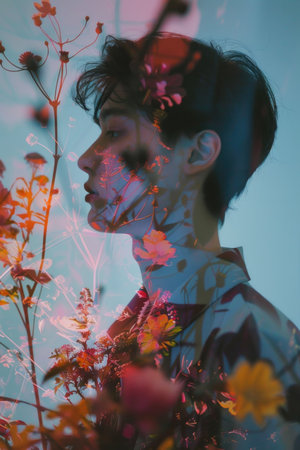 A man is standing in front of a flower arrangement. The flowers are in full bloom and are scattered around him. The man's reflection is visible in the flowers, creating a surreal and dreamy atmosphereの素材