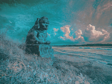 Serene Coastal Stone Statue Amid Lush Vegetation and Dramatic Sky.の素材
