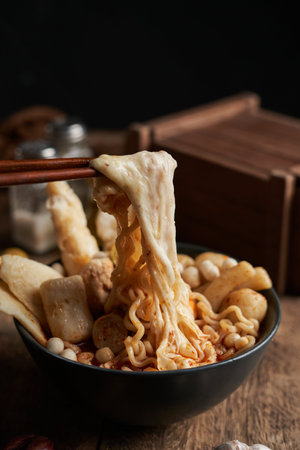 Bowl of spicy noodle soup with chopsticks on dark backgroundの写真素材