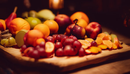 Variety of fresh fruits on a wooden cutting board. Selective focus.の素材
