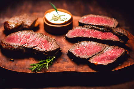 Sliced dry aged wagyu beef steak on wooden boardの素材