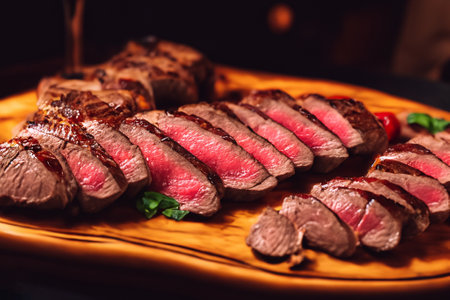 Grilled wagyu beef steak on a wooden cutting board.の素材