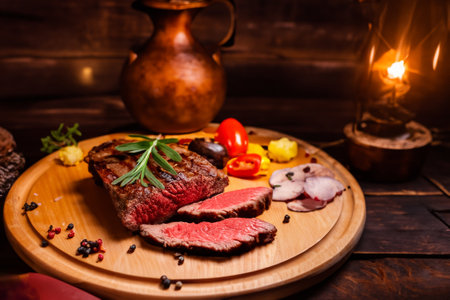 Grilled steaks on a round wooden plate. Restaurant menu.の素材