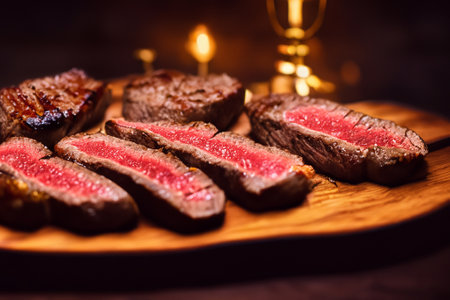 Grilled steak on a wooden board with candles in the background.の素材