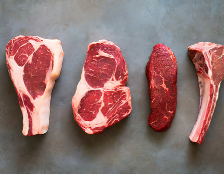 Raw fresh meat Ribeye Steak on grey background, top viewの写真素材