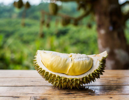 Fresh durian fruit on wooden table with nature background, Durian is the king of fruit.の写真素材