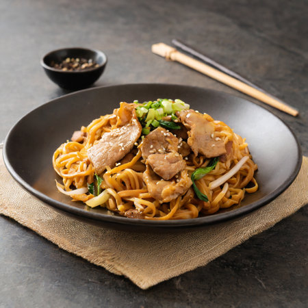 stir-fried yakisoba noodle with pork and vegetablesの写真素材