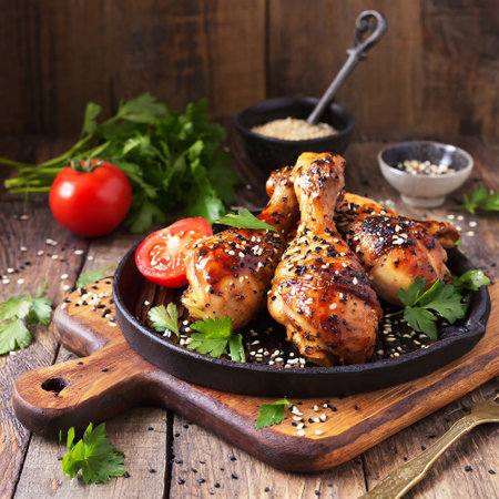 Grilled chicken legs with sesame seeds and tomatoes on wooden backgroundの写真素材