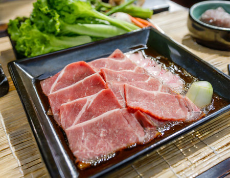 Beef sashimi japanese food style on hot potの写真素材