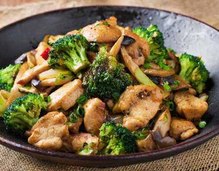 stir-fried chicken with broccoli and mushrooms in a wokの写真素材