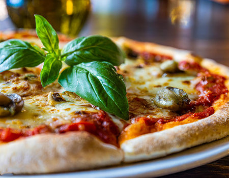 Pizza with mozzarella, tomato and basil on wooden tableの写真素材