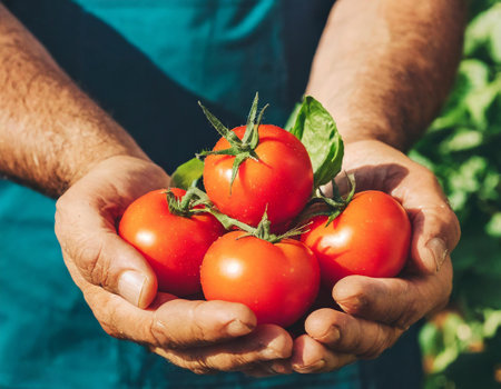 Farmer holding fresh organic tomatoes in his hands, closeup.の写真素材