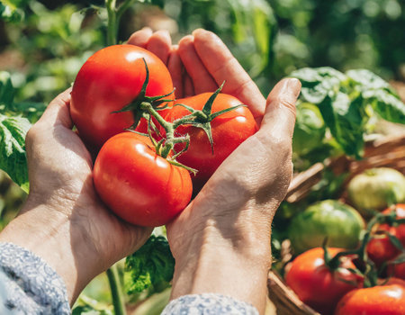 Close-up of female hands holding ripe red tomatoes in the gardenの写真素材
