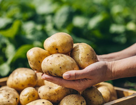 Close-up of farmer's hands holding freshly harvested potatoes in the fieldの写真素材