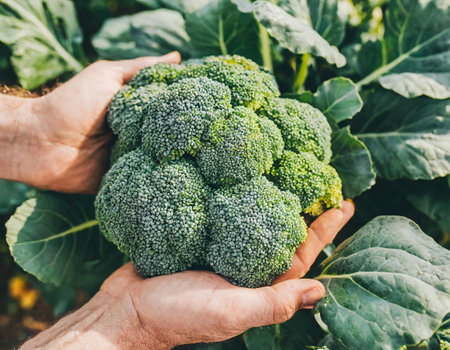 Close-up of man's hands holding fresh green broccoli in the gardenの写真素材