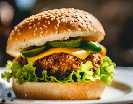 Delicious hamburger with beef cutlet, cheese and vegetables.の写真素材