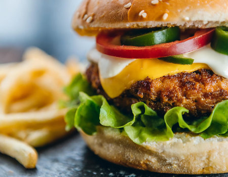 Cheese burger - American cheese burger with fresh salad and french friesの写真素材