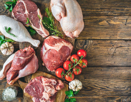 Raw meat and vegetables on wooden background. Top view with copy space.の写真素材