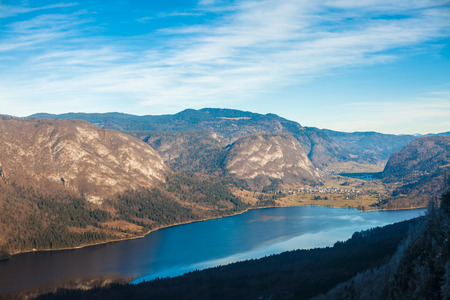 Panoramic view from mount Vogel on lake Bohinj and village in Sloveniaの写真素材
