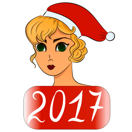 Girl in Santa hat with a sign "2017"のイラスト素材