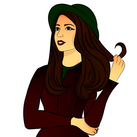 Beautiful girl wind hair on his finger, gazing into the distance on a white backgroundのイラスト素材